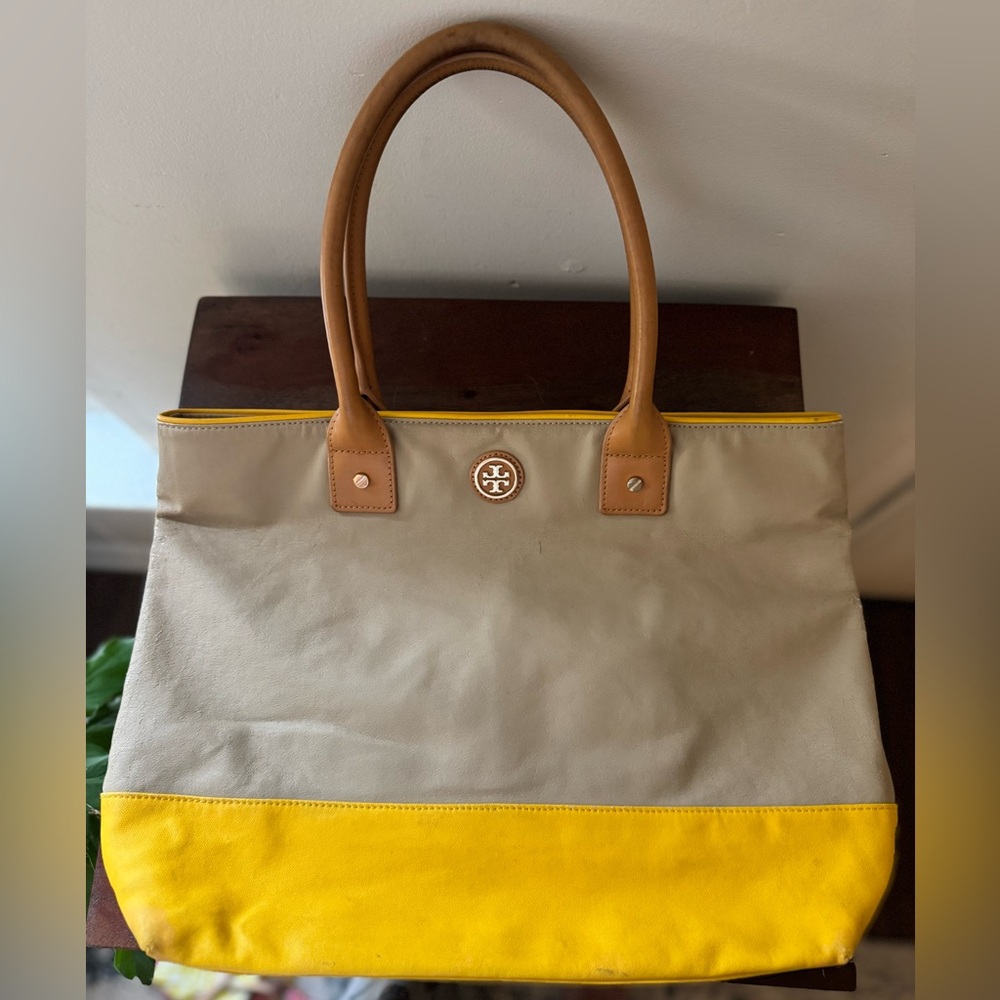 Tory Burch Pierson Dipped Canvas Jaden Tote with a lemony yellow accent